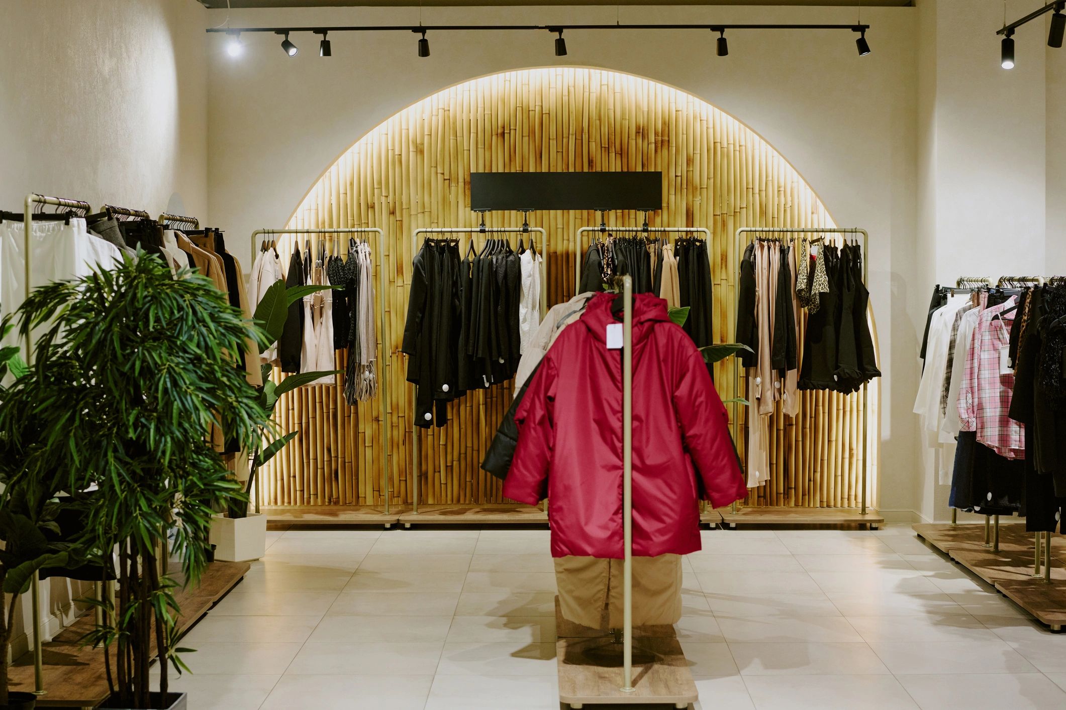 Fashion showroom interior with clothing displays