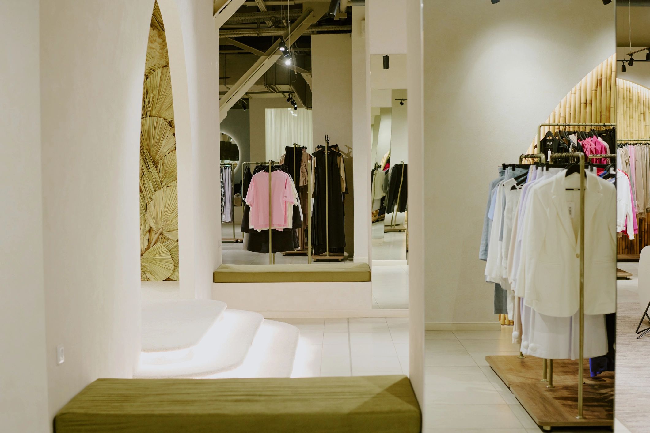 Luxury boutique interior with bright golden displays